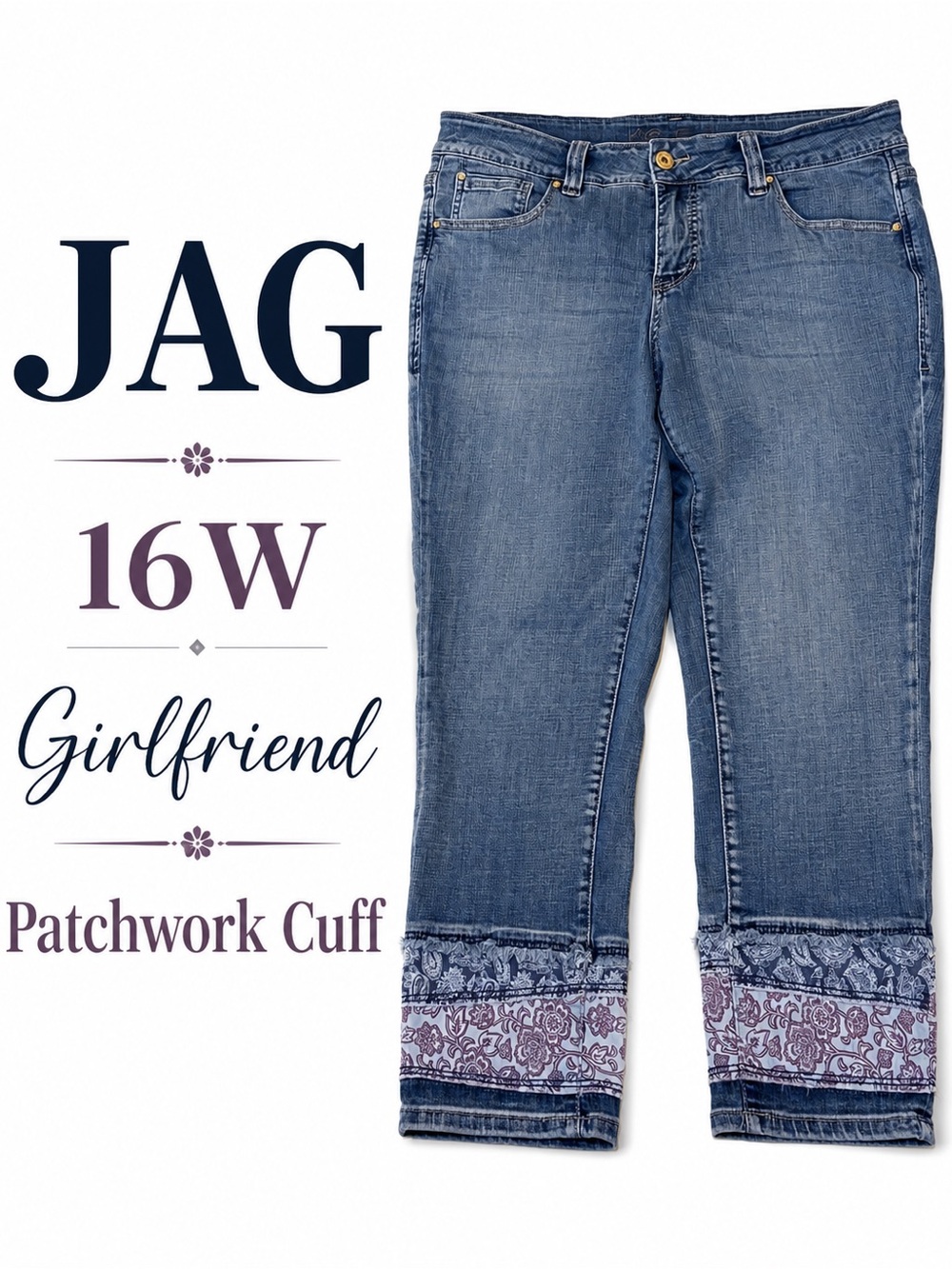 JAG Girlfriend Jeans Women’s 16W Crop Floral Cuff Stretch Denim